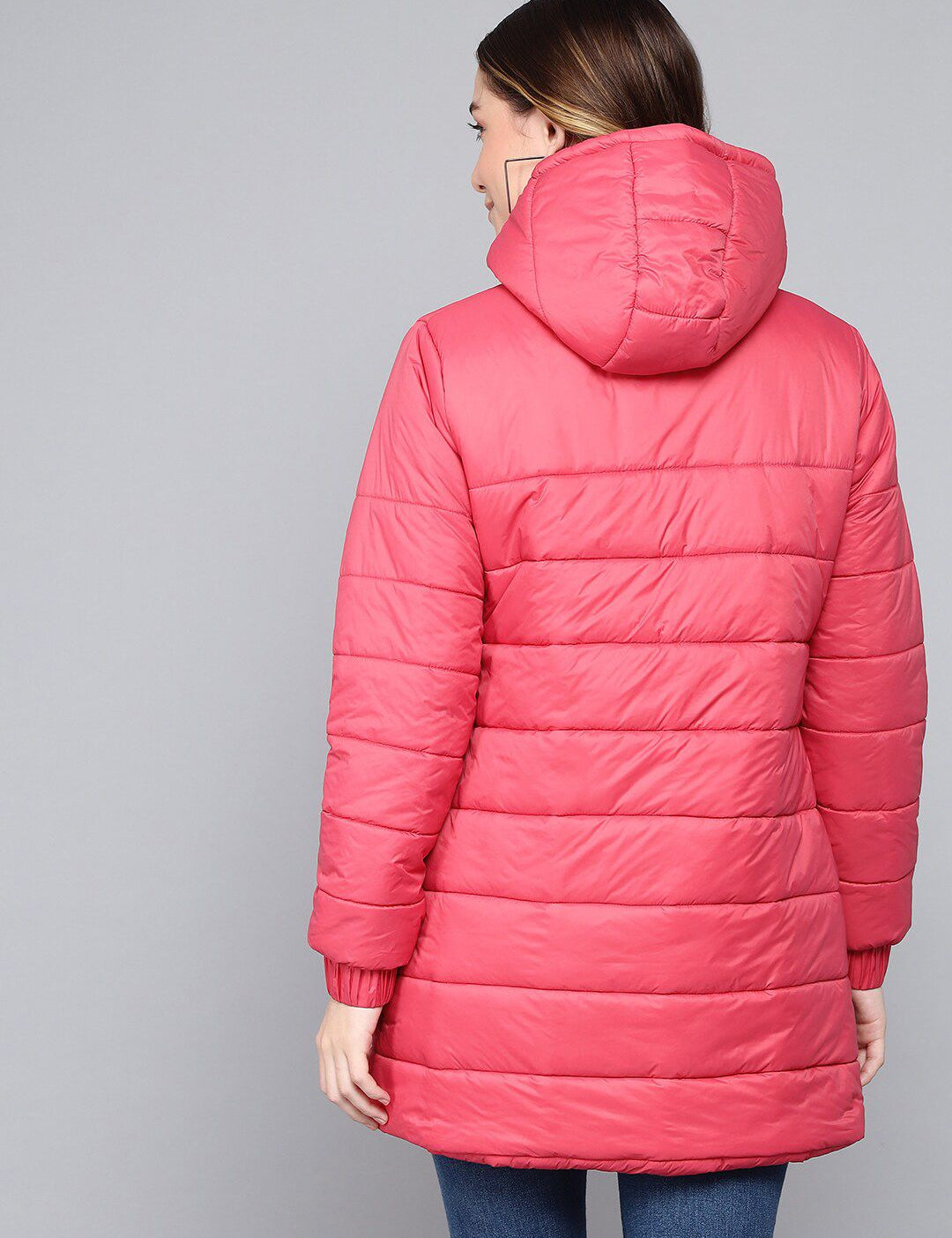 Kotty Women Pink Striped Longline Outdoor Puffer Jacket