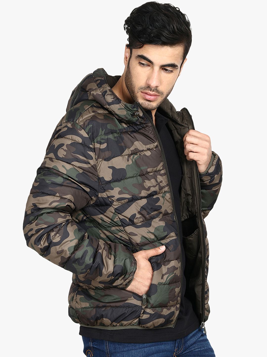 Kotty Men Brown Printed Lightweight Puffer Jacket