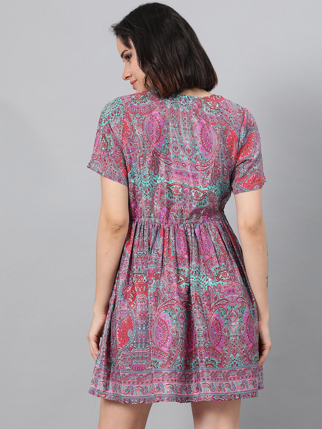 Kotty Magenta Ethnic Motif Printed Fit & Flare Mini Dress