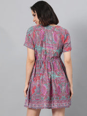 Kotty Magenta Ethnic Motif Printed Fit & Flare Mini Dress