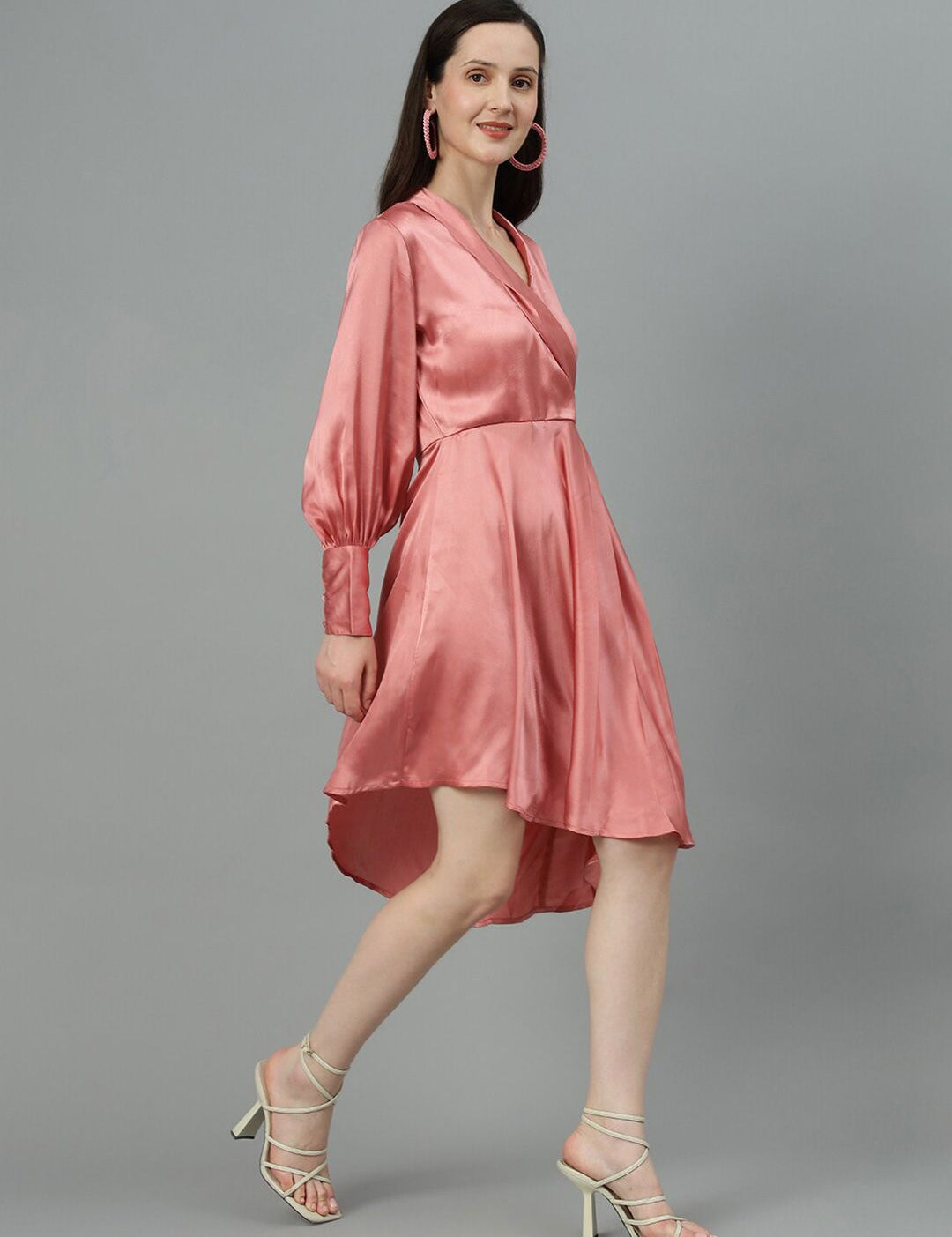 Kotty Pink V Neck Cuffed Sleeves Satin Pleated Fit & Flare Dress