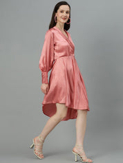 Kotty Pink V Neck Cuffed Sleeves Satin Pleated Fit & Flare Dress