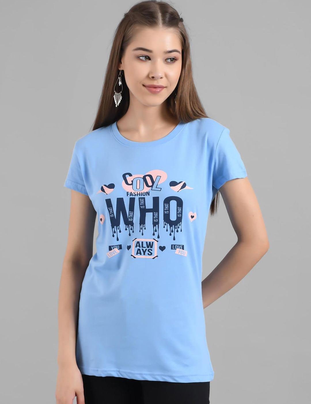 Kotty Women Blue Printed Round Neck T-shirt