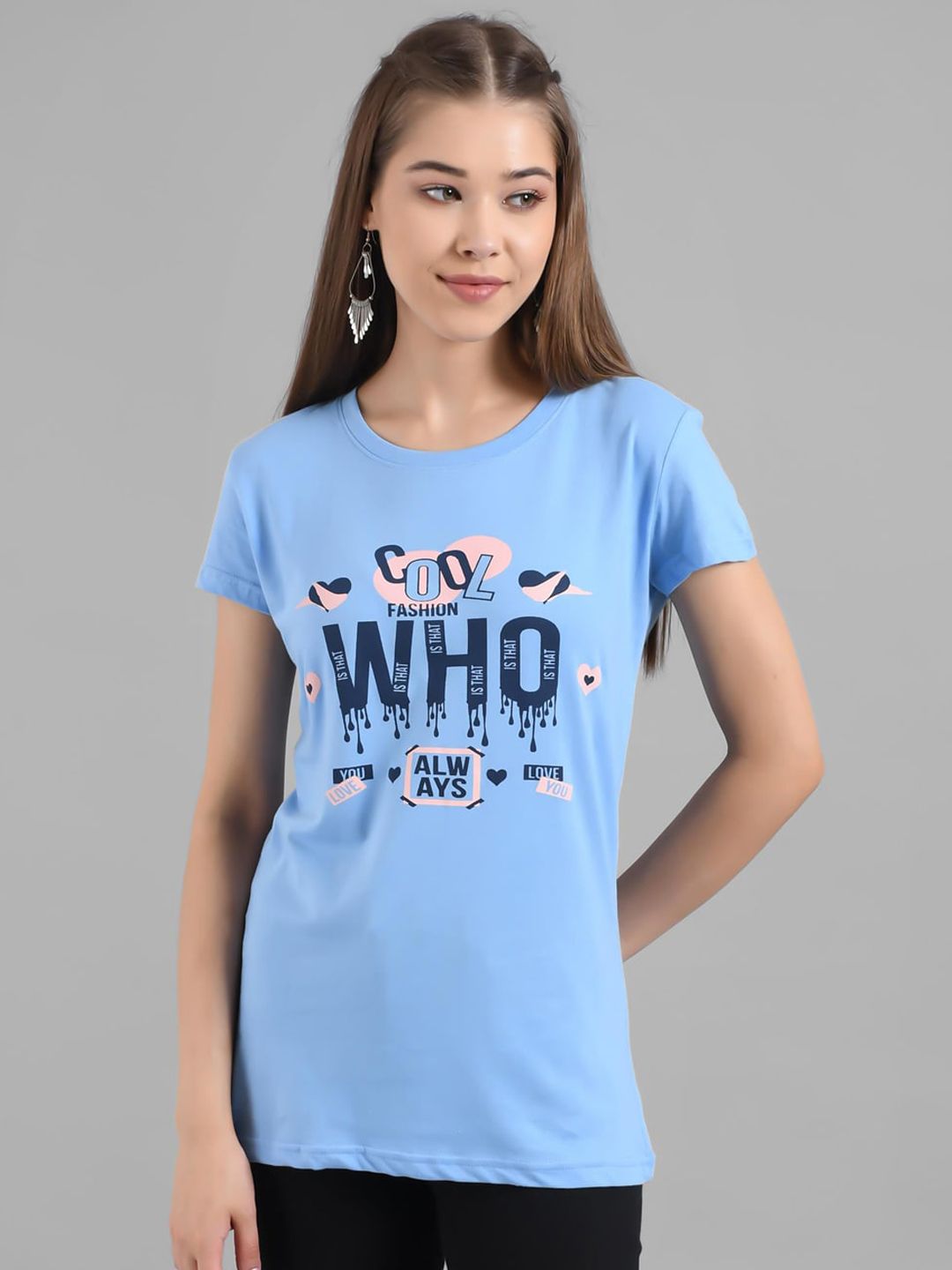 Kotty Women Blue Printed Round Neck T-shirt