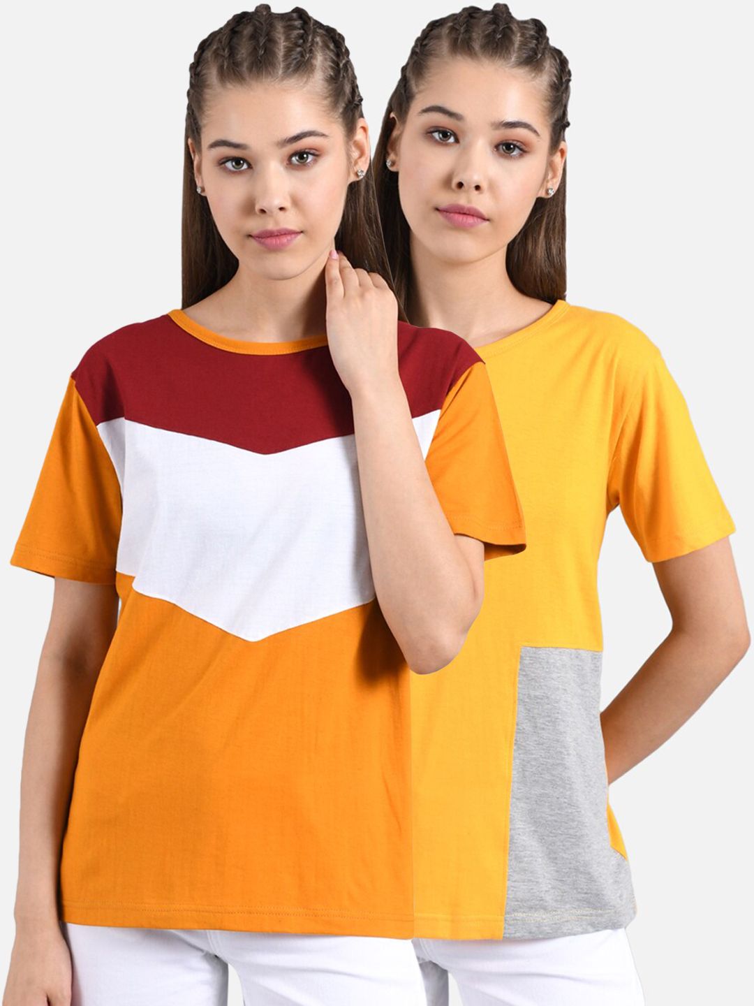 Kotty Women Set of 2 Colourblocked Round Neck T-shirts
