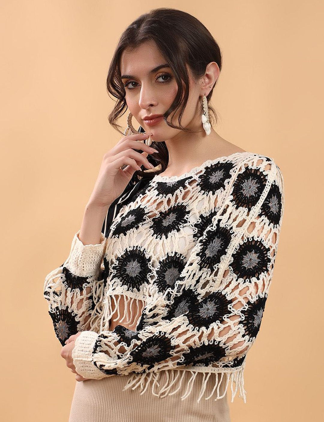 Kotty Women Embellished Crochet Fringe Top