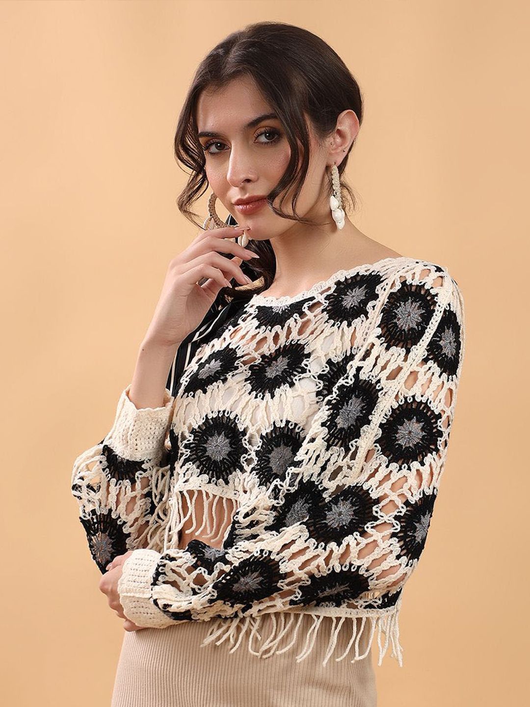 Kotty Women Embellished Crochet Fringe Top