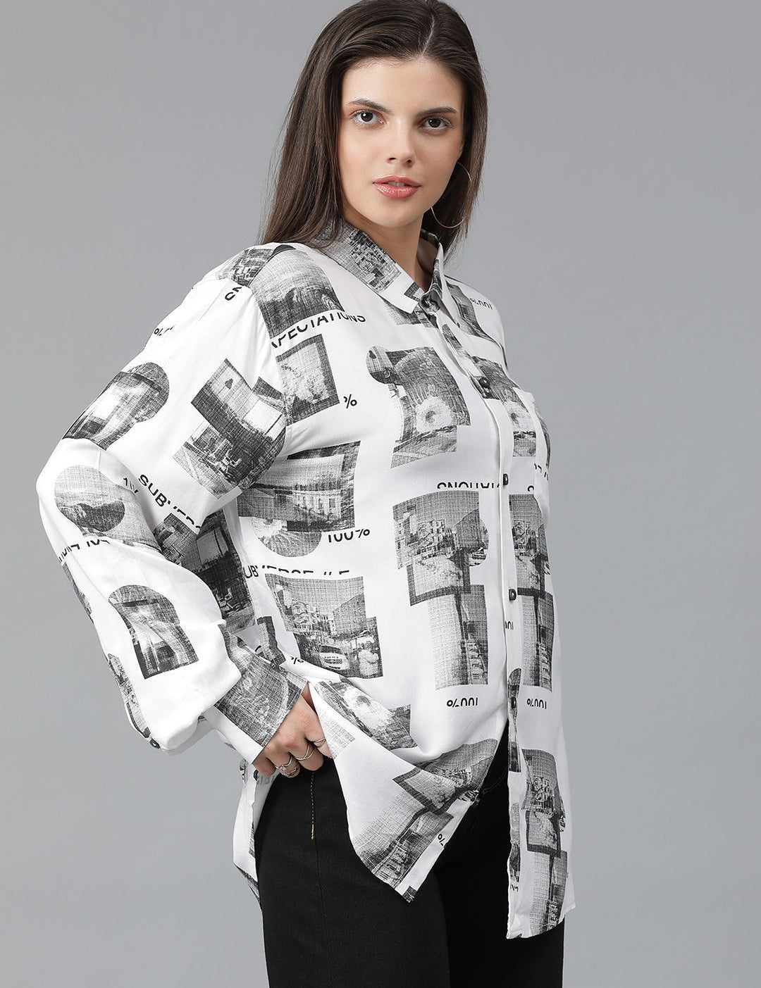 Kotty Women Spread Collar Conversational Printed Cotton Oversized Casual Shirt