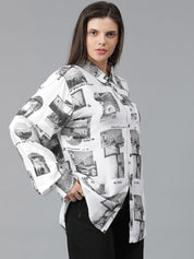 Kotty Women Spread Collar Conversational Printed Cotton Oversized Casual Shirt