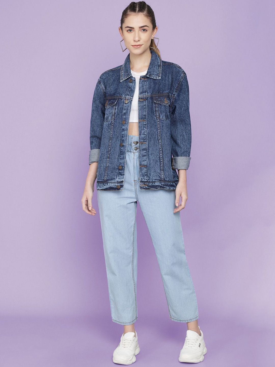 Kotty Women Spread Collar Washed Self Design Cotton Casual Denim Jacket