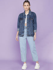 Kotty Women Spread Collar Washed Self Design Cotton Casual Denim Jacket