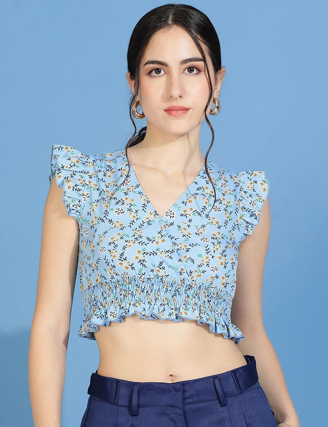 Kotty Floral Print Flutter Sleeve Crepe Wrap Crop Top