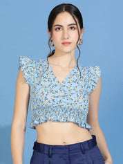 Kotty Floral Print Flutter Sleeve Crepe Wrap Crop Top