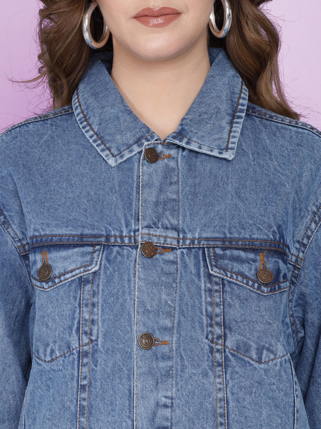 Kotty Women Spread Collar Washed Self Design Cotton Casual Denim Jacket