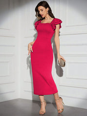 Kotty  Solid Square Neck Bodycon Midi Dress
