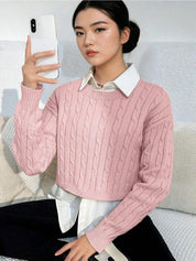 Kotty Women Cable Knit Round Neck Long Sleeves Crop Pullover Sweaters