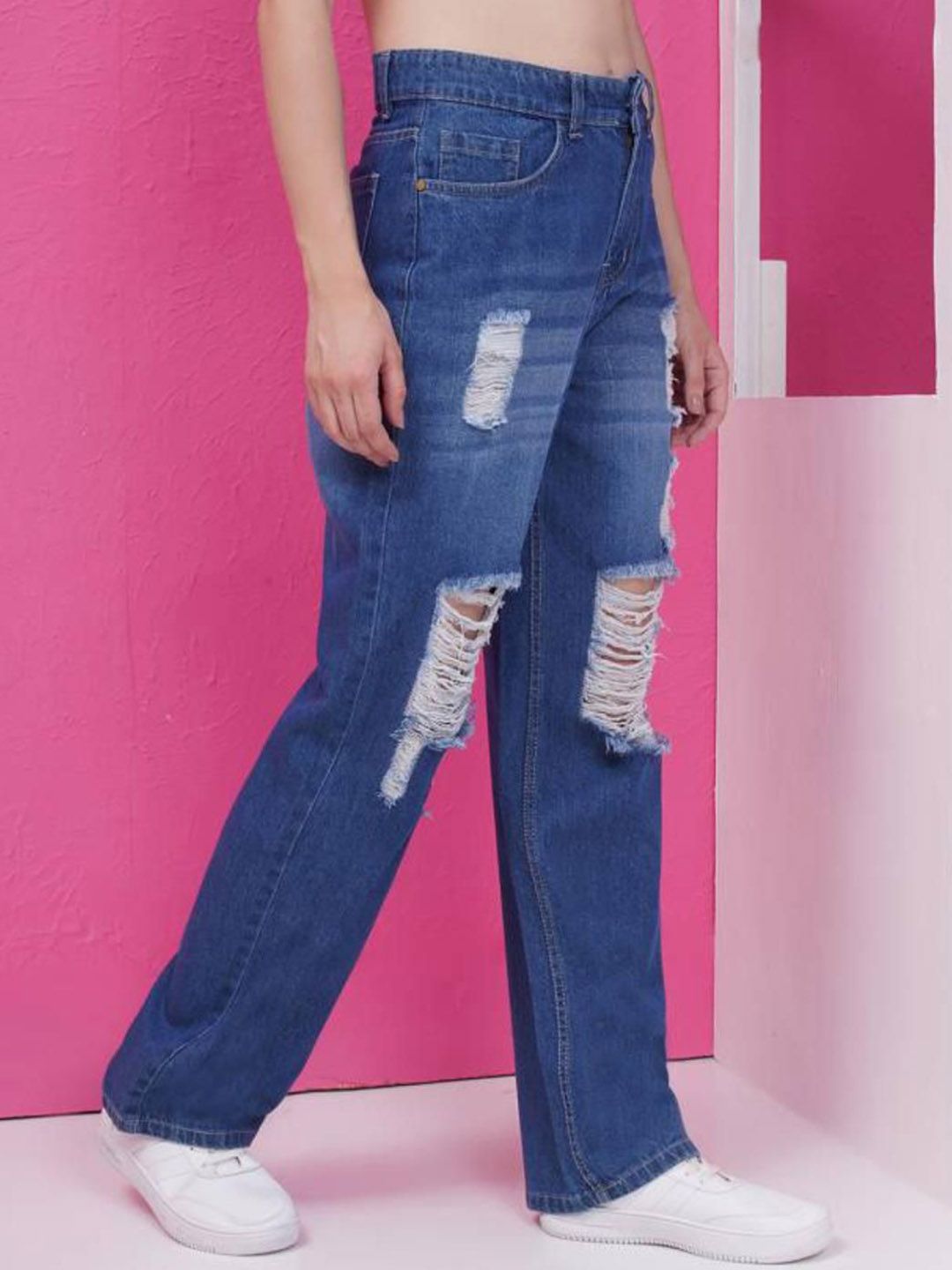 Kotty Women Straight Fit High-Rise Highly Distressed Stretchable Jeans