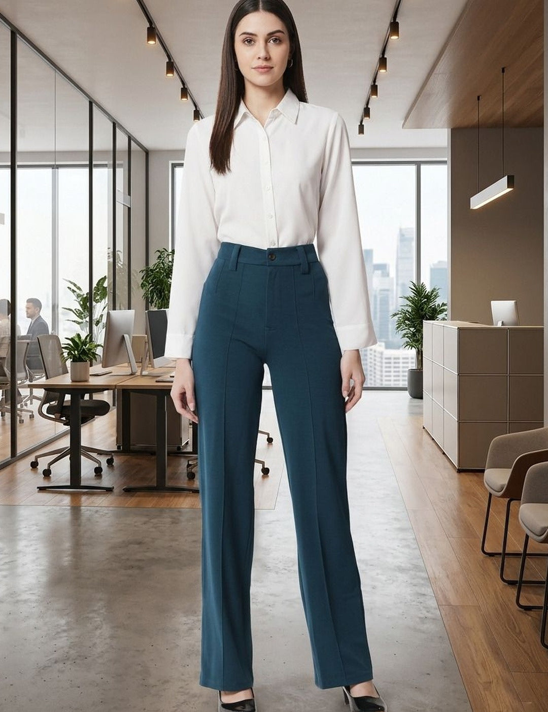 Blue Relaxed Fit High-Rise Trousers for Women | Kotty
