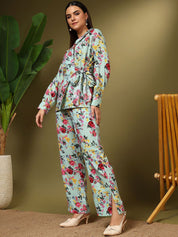 Kotty Green and Pink Printed Notched Lapel Collar Blazer With Trousers