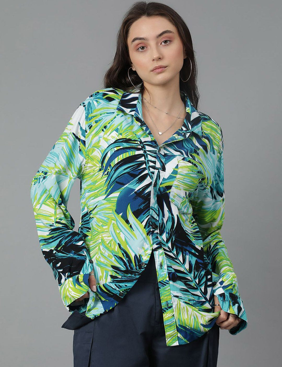 Kotty Women Spread Collar Floral Printed Cotton Oversized Casual Shirt