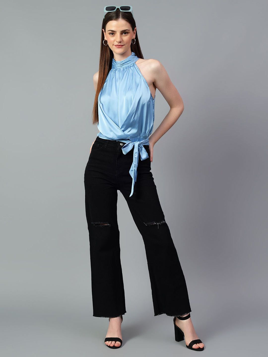 Kotty Women Solid Halter Neck Satin Top