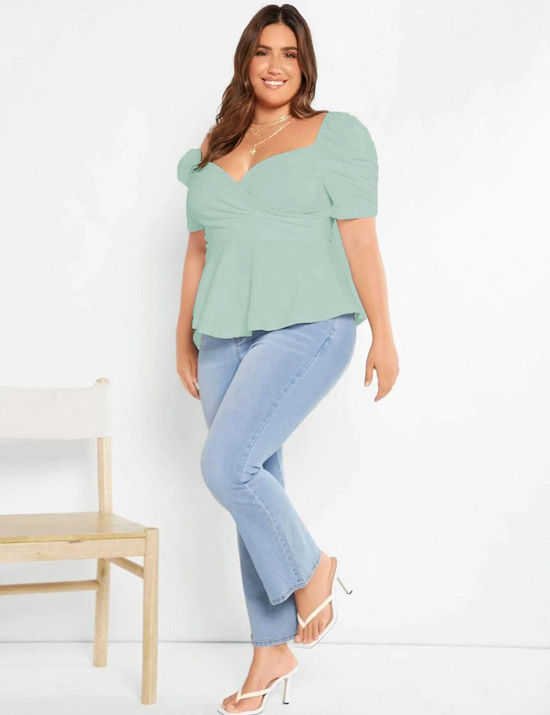 KOTTY Sweetheart Neck Puff Sleeve Peplum Top