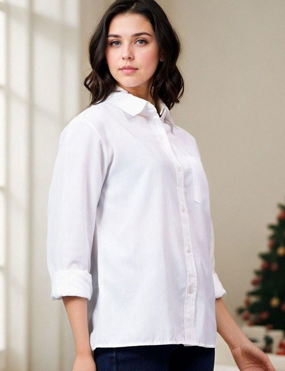 Kotty Women Spread Collar Solid Cotton Relaxed Fit Casual Shirt