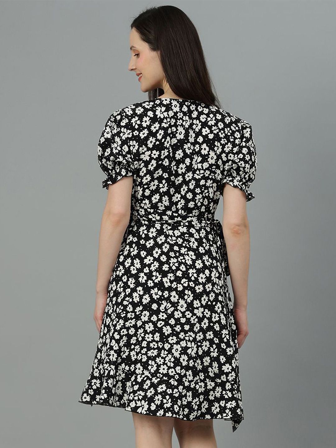 Kotty Floral Printed V-Neck Puff Sleeves Crepe Wrap Dress