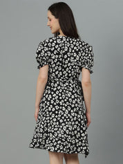 Kotty Floral Printed V-Neck Puff Sleeves Crepe Wrap Dress