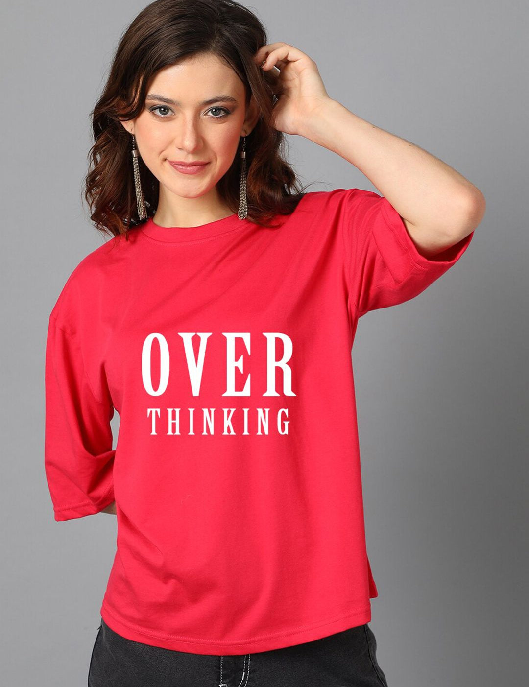 Kotty Red Typography Printed Oversized T-shirt