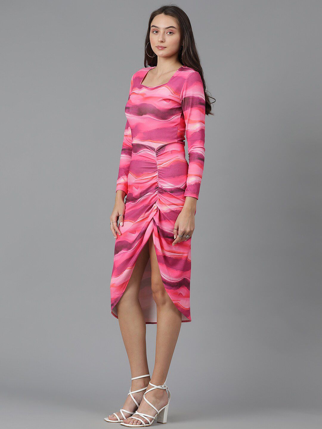 Kotty Printed Round Neck Three-Quarter Sleeves A-Line Midi Dress