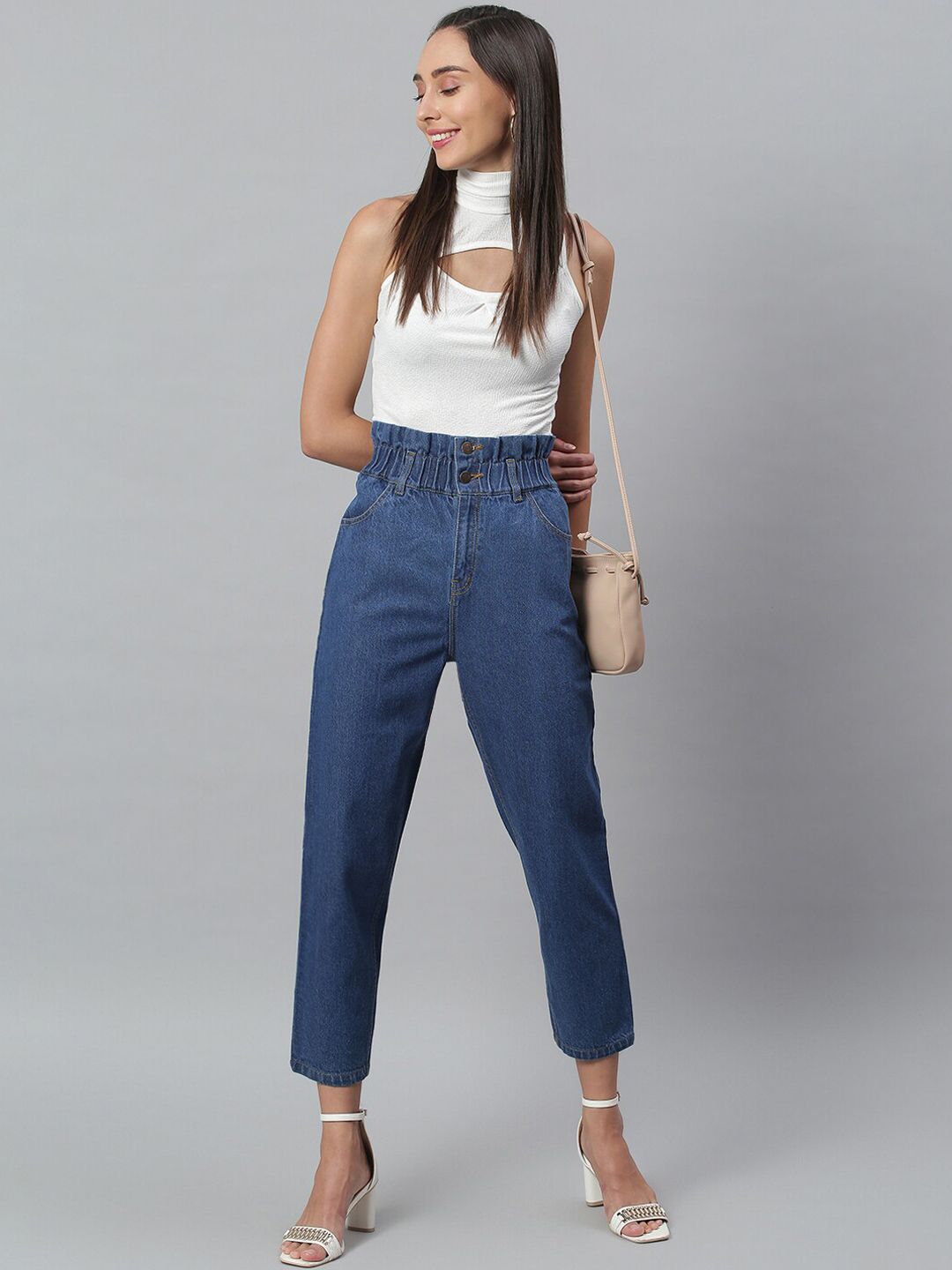 Kotty Women Blue Boyfriend Fit High-Rise Cotton Clean Look Jeans