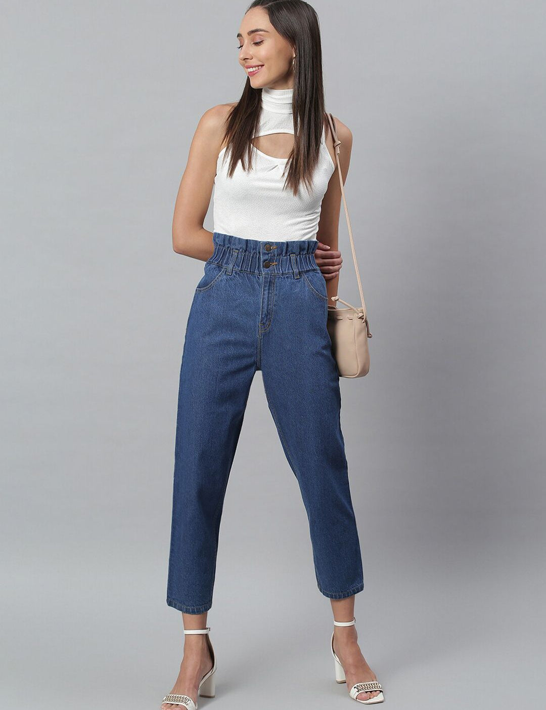 Kotty Women Blue Boyfriend Fit High-Rise Cotton Clean Look Jeans