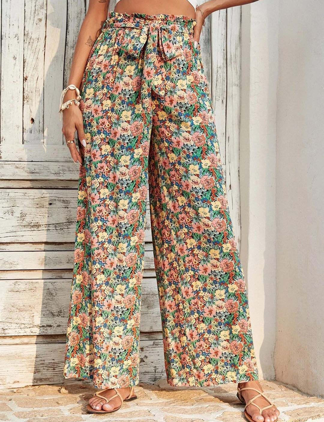 Kotty Women Multicoloured Floral Printed Relaxed High-Rise Easy Wash Trousers