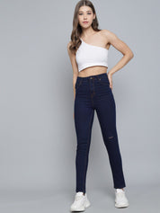 Kotty Women Blue Jean Skinny Fit High-Rise Low Distress Cropped Jeans