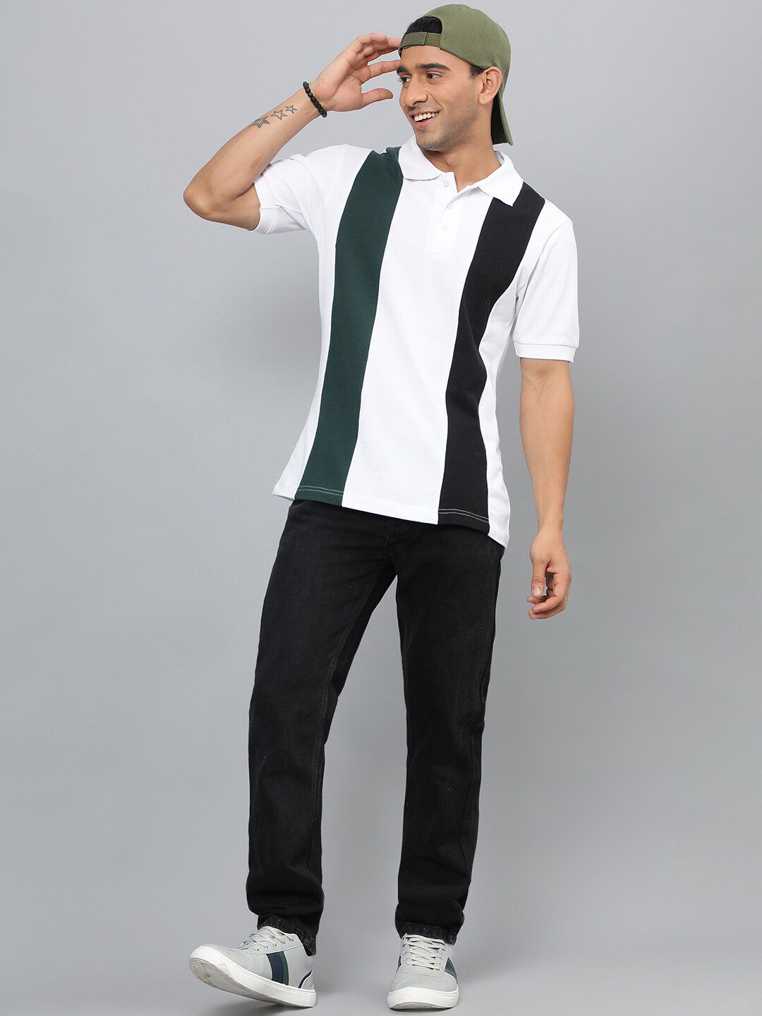 Kotty White & Green Colourblocked Polo Collar Cotton T-shirt