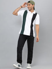 Kotty White & Green Colourblocked Polo Collar Cotton T-shirt