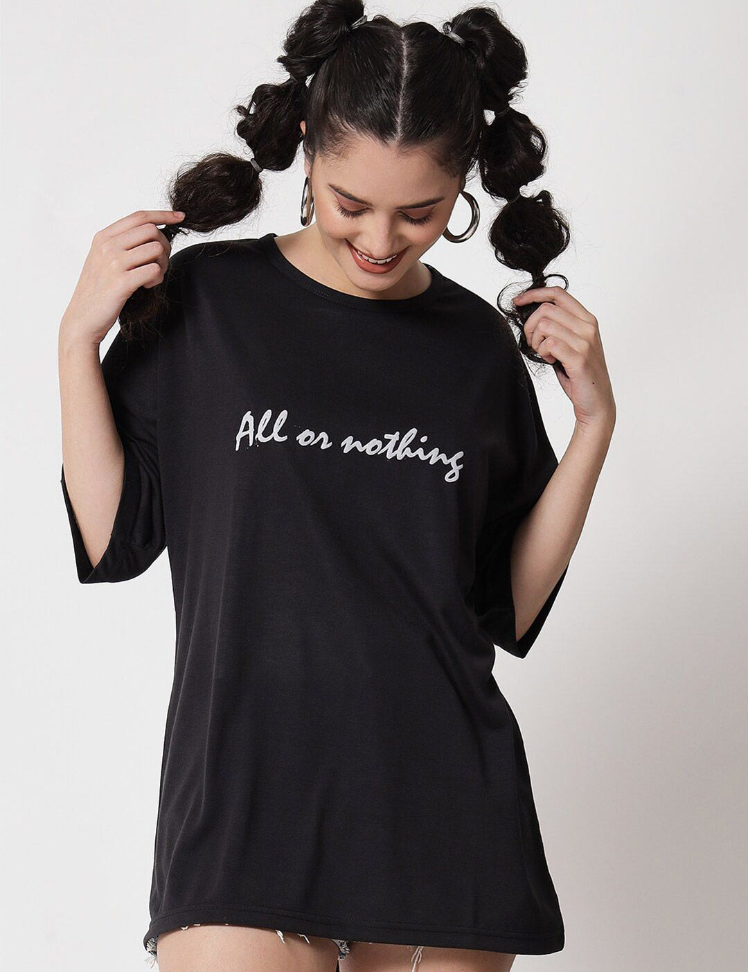 Kotty Women Black Typography Printed V-Neck Oversized T-shirt