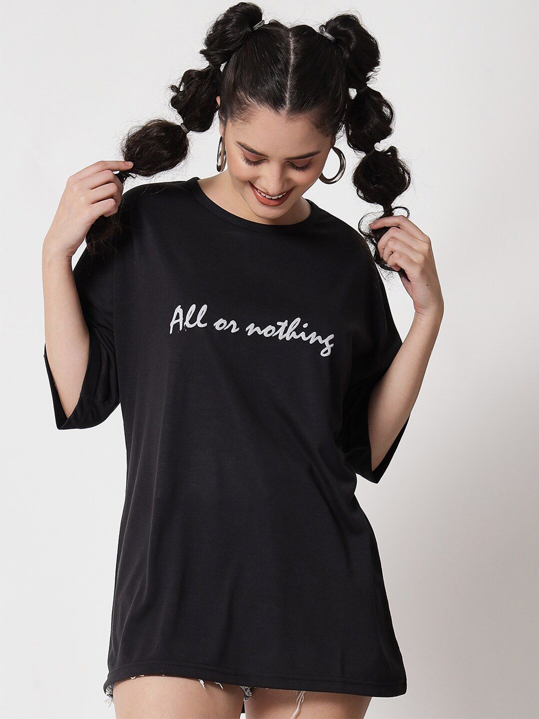 Kotty Women Black Typography Printed V-Neck Oversized T-shirt