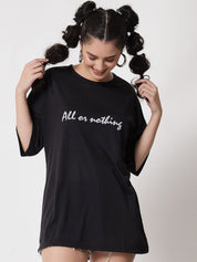 Kotty Women Black Typography Printed V-Neck Oversized T-shirt