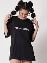 Kotty Women Black Typography Printed V-Neck Oversized T-shirt