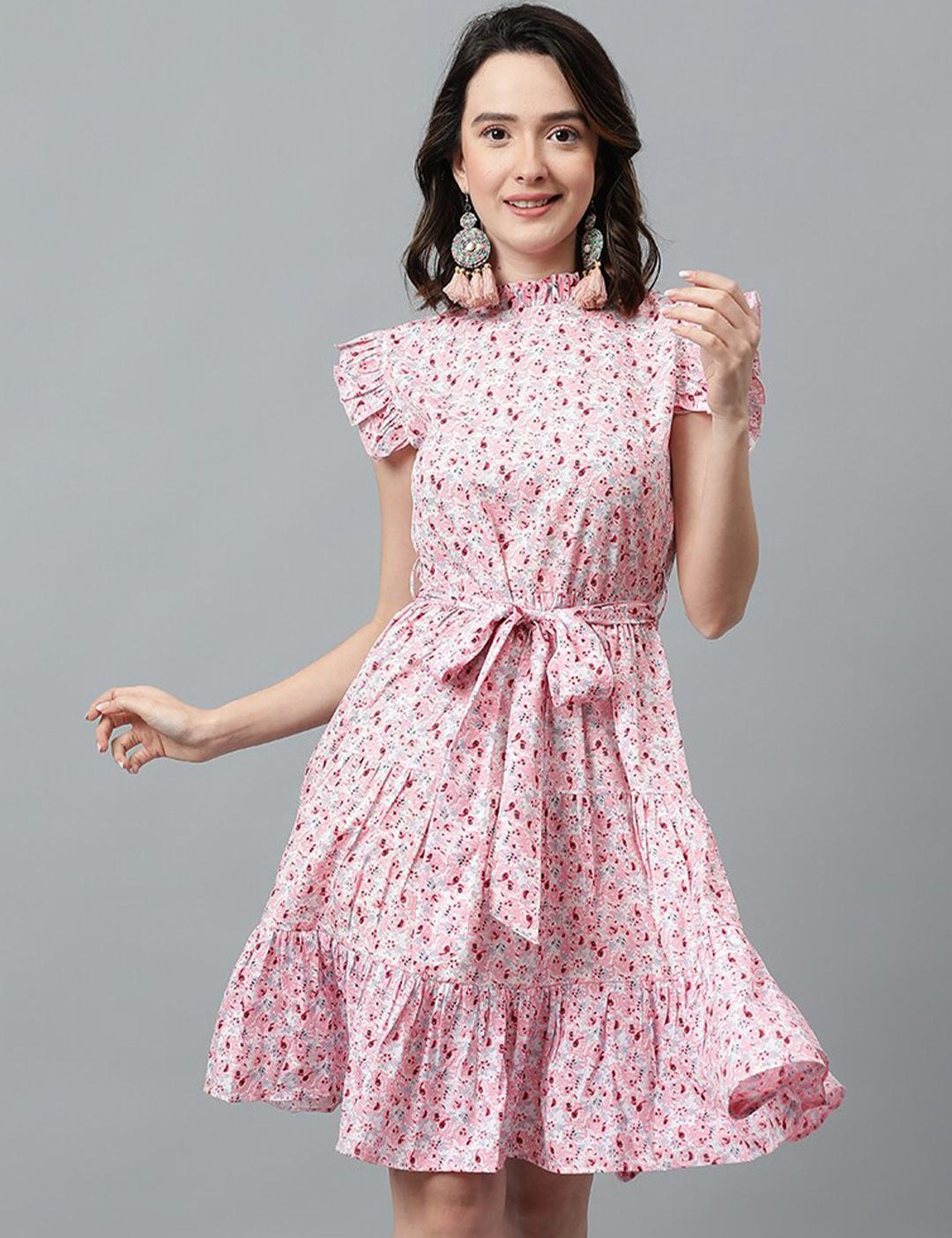 Kotty Pink & White Floral Printed High Neck Ruffled Fit & Flare Dress
