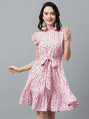 Kotty Pink & White Floral Printed High Neck Ruffled Fit & Flare Dress