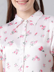 Kotty White & Pink Floral Printed Puffed Sleeves Tiered Satin Shirt Style Midi Dress