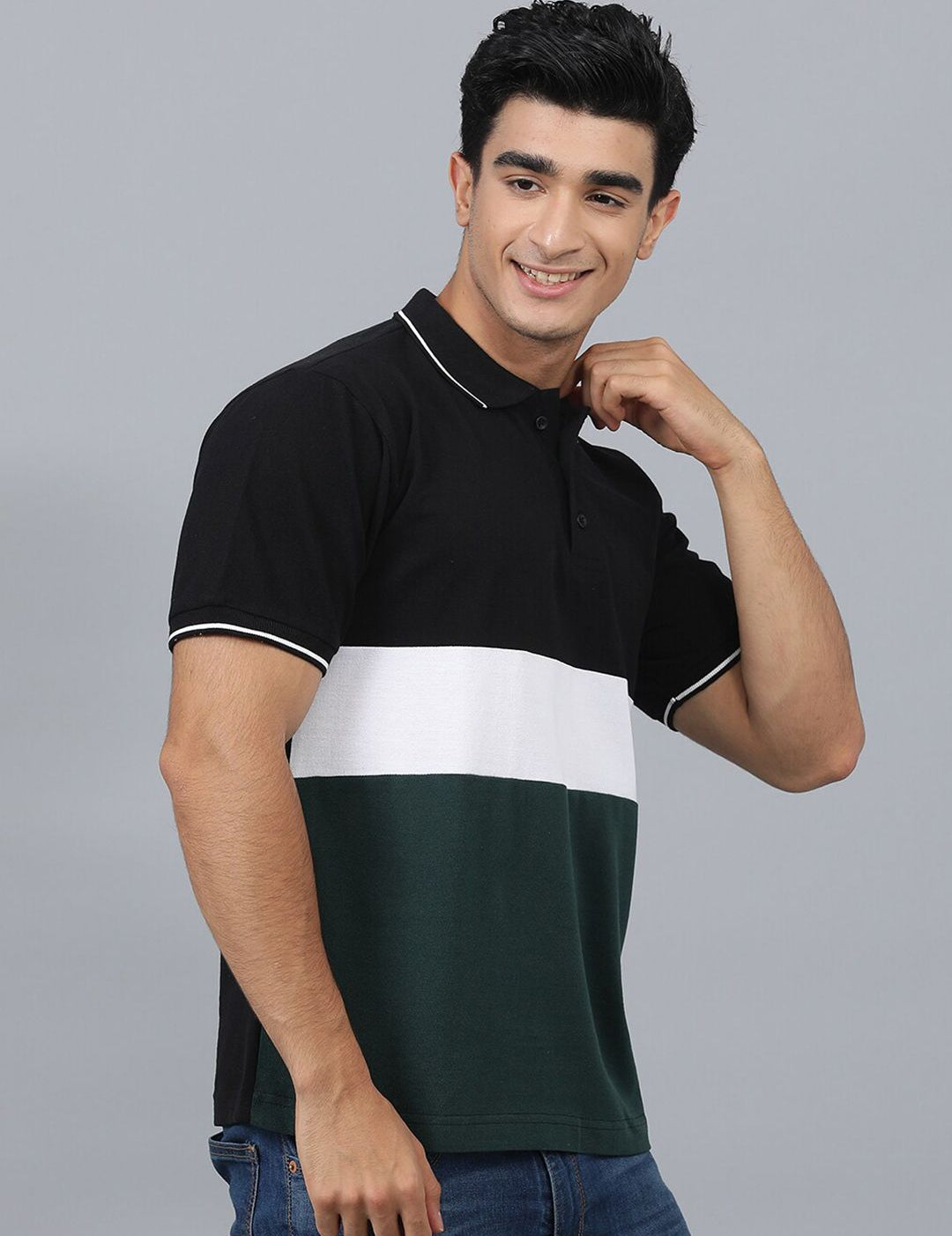 Kotty Colourblocked Polo Collar Regular Fit Cotton T-Shirt