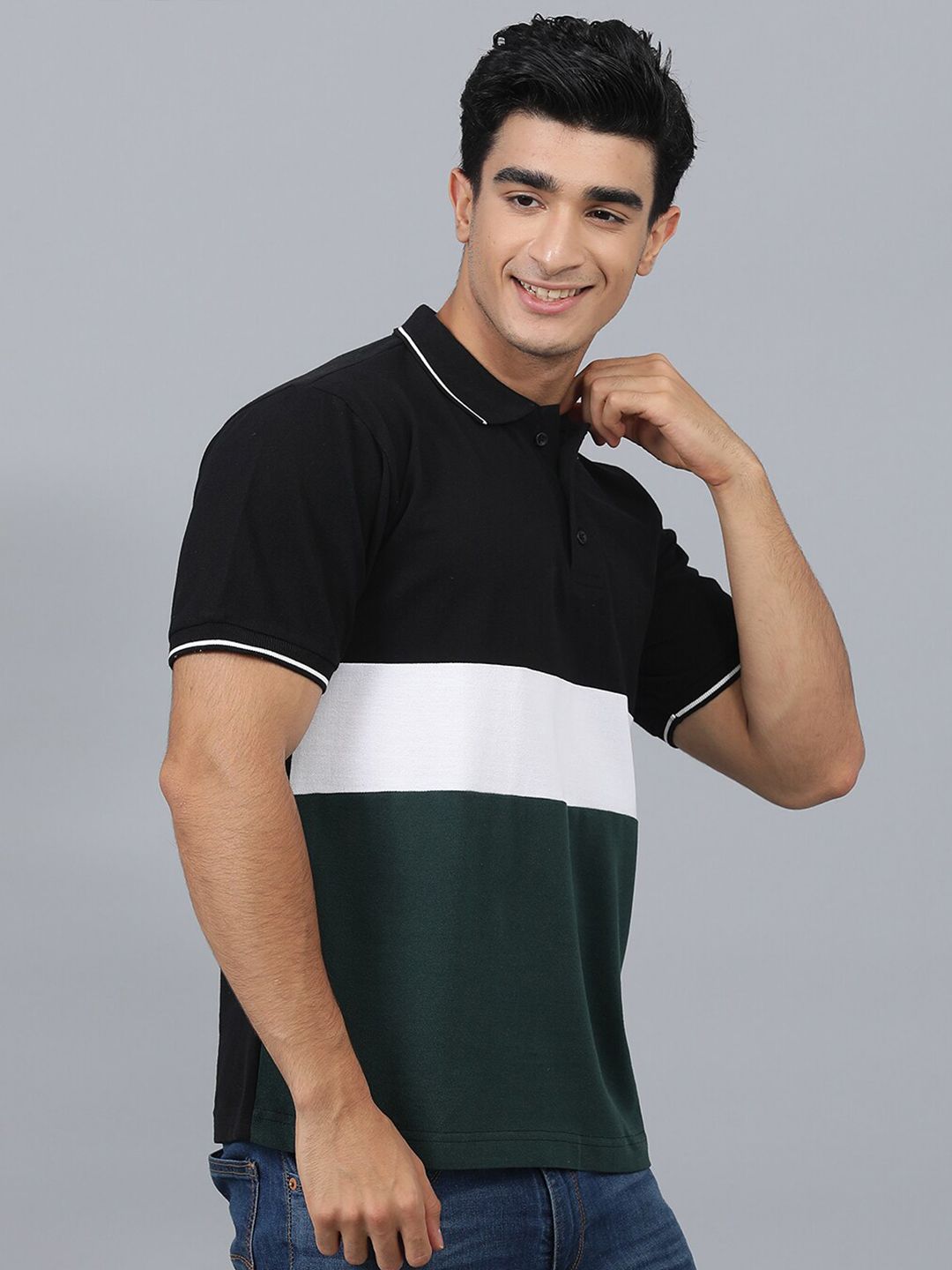 Kotty Colourblocked Polo Collar Regular Fit Cotton T-Shirt