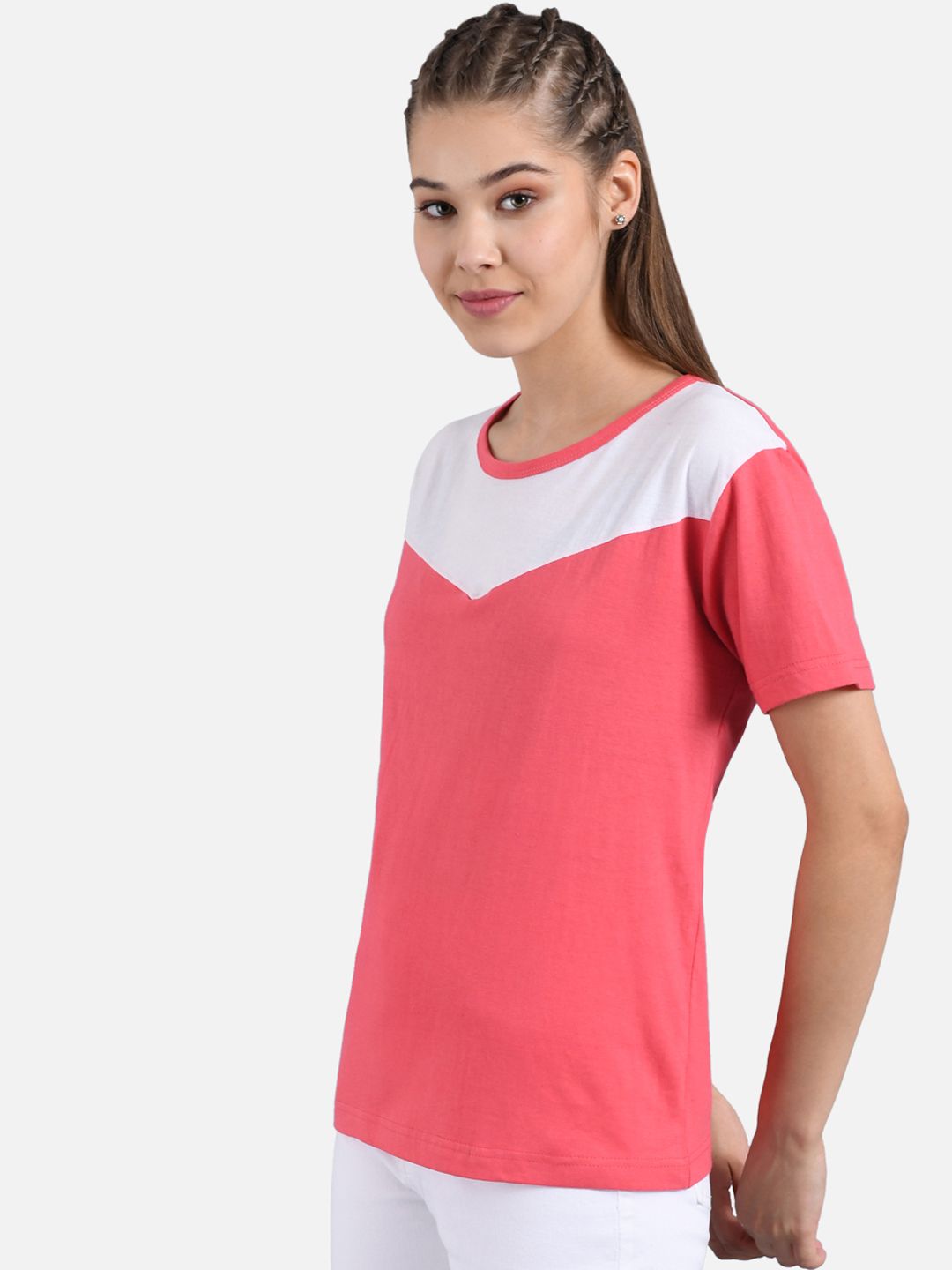 Kotty Women Pink & White Colourblocked Round Neck T-shirt