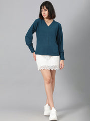 Kotty Green V-Neck Cuffed Sleeves Top