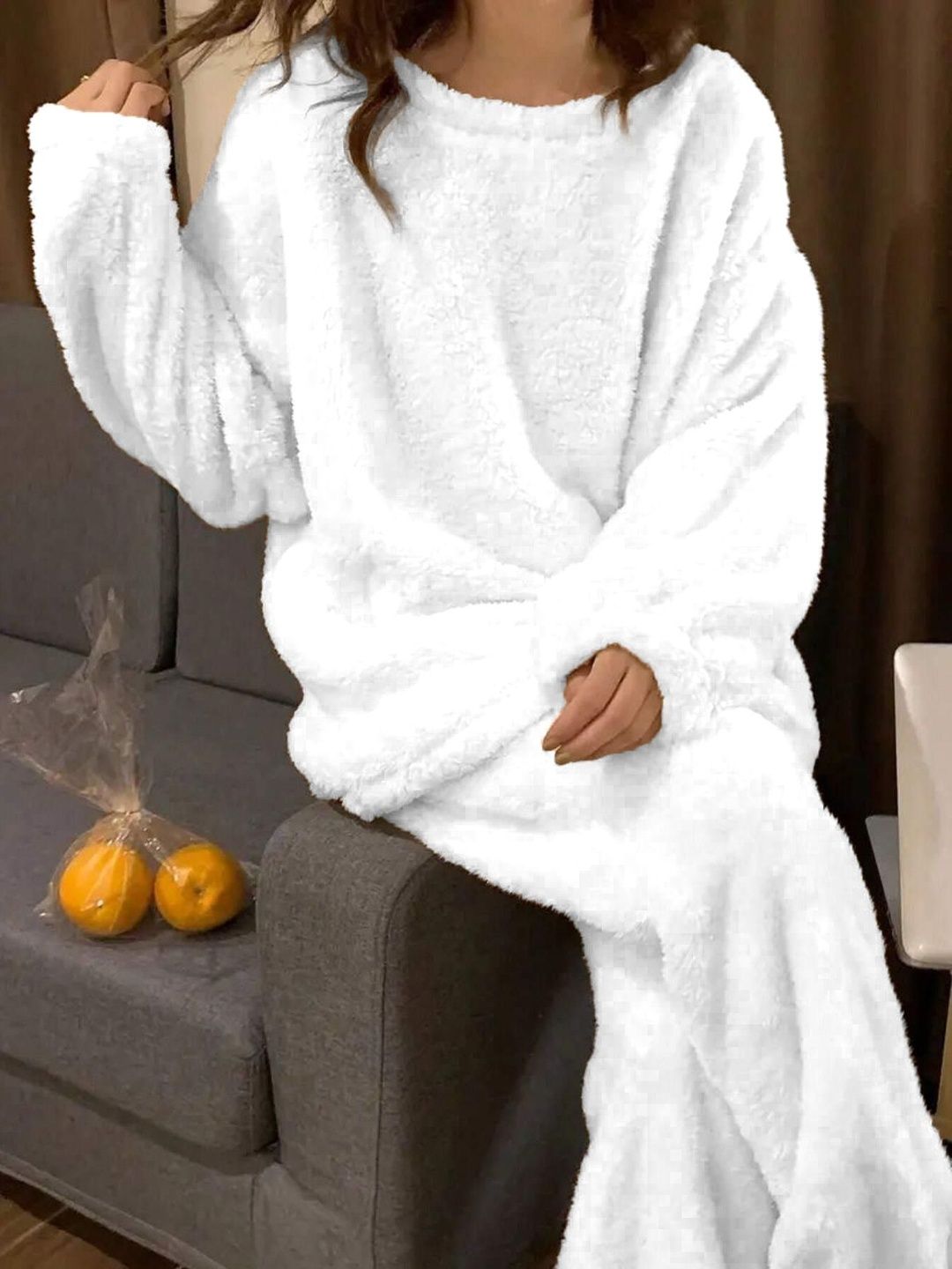 Kotty Women White Round Neck Long Sleeves Sweater & Trousers Co-Ords