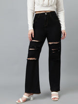 Kotty Women Black Jean Straight Fit High-Rise Highly Distressed Stretchable Jeans